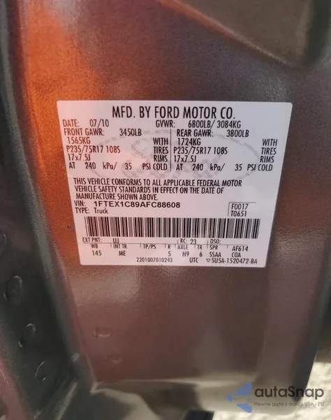 2010 Ford F150 Super Cab z USA, uszkodzony, nr VIN 1FTEX1C89AFC88608